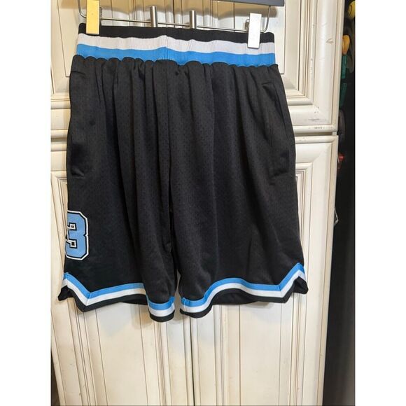 Men's Striped Trim #13 Mesh Perforated Sports Basketball Shorts Black Blue Small - Picture 6 of 11